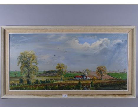 A K DRURY oil on board - peaceful rural landscape scene with farmstead and ploughed fields, signed and dated 1976, 36 x 74 cm