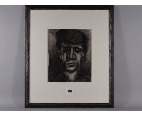 MIKE JONES charcoal - portrait of a farmer with cap, signed in full, 25 x 20 cms