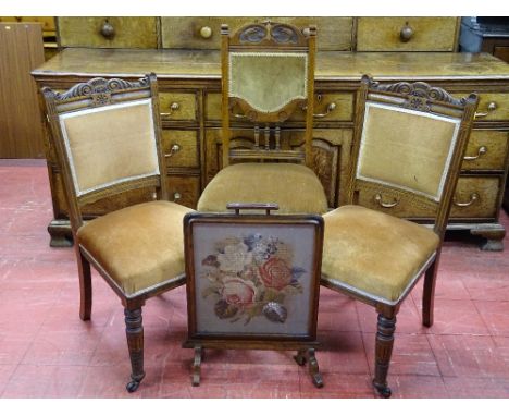 A PAIR OF VINTAGE OAK SIDE CHAIRS &amp; one other and a mahogany framed bead and needlework firescreen, various measurements
