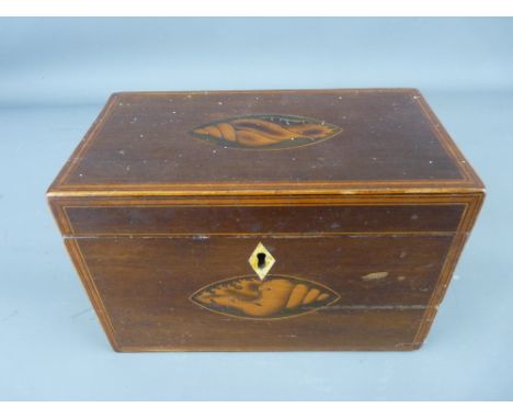 A VICTORIAN MAHOGANY TEA CADDY with Sheraton type shell inlay and boxwood stringing, the interior with two lidded compartment