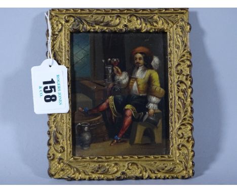 MINIATURE PORTRAIT STUDY OF A CAVALIER GENTLEMAN seated within an Inn, 10 x 17.75 cms