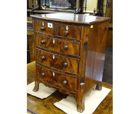 A GOOD GEORGIAN STYLE MAHOGANY APPRENTICE CHEST of two short over three long drawers with diamond escutcheon and turned woode