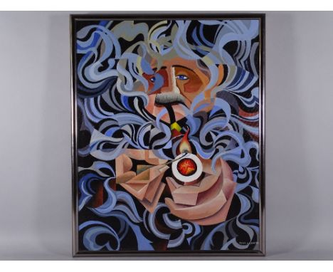 ALEX CAMPBELL acrylic on canvas on box frame - 'The Pipe Smoker', signed in full and signed and dated verso, September 2000, 