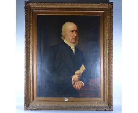 19th CENTURY ENGLISH SCHOOL oil on canvas - half length portrait of an elegant whiskered seated gentleman with notebook in hi