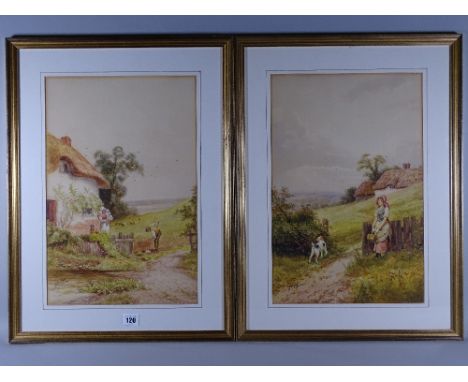 J BARCLAY watercolours, a pair - rural scenes 1. young red bonneted girl near thatched cottage by a gate with her dog and 2. 