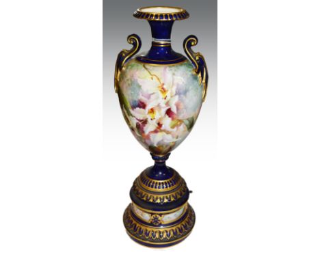 Royal Worcester amphora shape vase, circa 1900, painted irises, royal blue ground, no. 1969, 28cm.