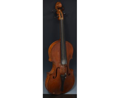 Violin, 36.5cm two piece back with a bow and a case with canvas cover.