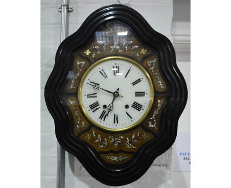 French vineyard wall clock, moulded cartouche shape case, dial fascia with mother of pearl and brass inlay, white enamel dial