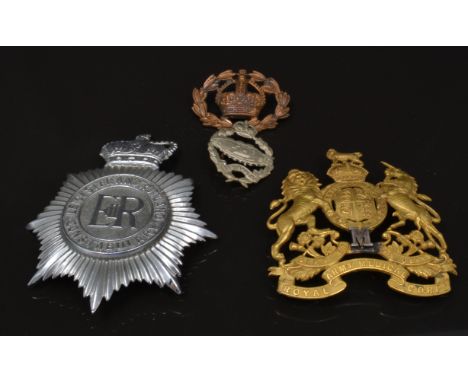 Regimental badges, other badges, buckle, silver and enamel fob etc.