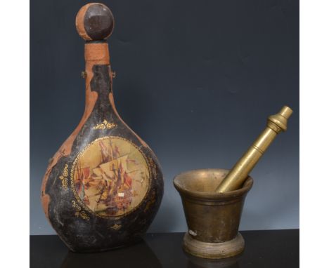 Coppery coal bin, cylindrical form, 29cm, other metalwares, a leather covered decanter and a stoneware flagon.
