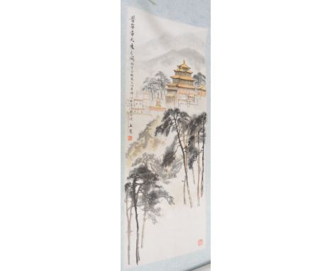 Chinese scroll picture, landscape with pavillion, width 51cm.