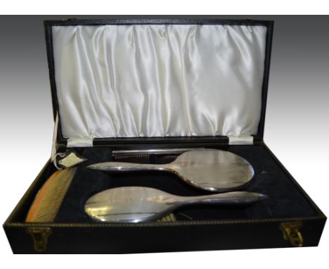 Four piece silver back dressing table set, Birmingham 1963, Art Deco pattern, engine turned decoration, cased.