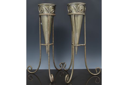 Pair Of Oxidised Metal Cone Shape Flower Vases Tripod Stands 41cm