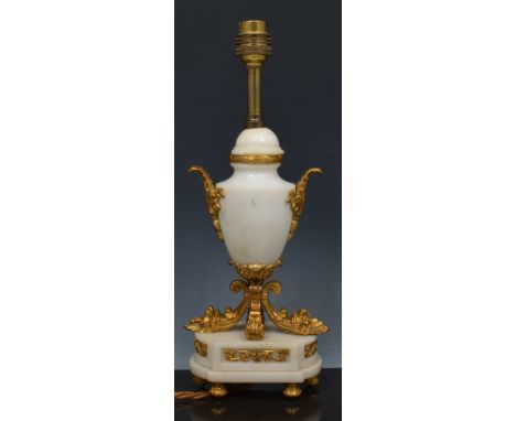 Alabaster and gilt metal mounted urn shape lamp base, complete with rouge shade, 55cm overall.