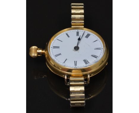 Victorian 18ct hallmark gold "fob" wristwatch, London 1892, white enamel dial on a wristwatch strap.