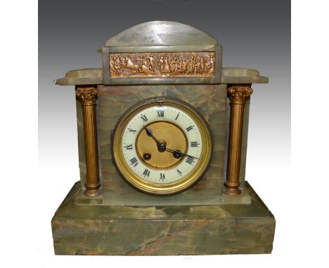 French alabaster mantle clock, of architectural form with a cast brass frieze and fluted columns, ivorine chapter ring, cylin