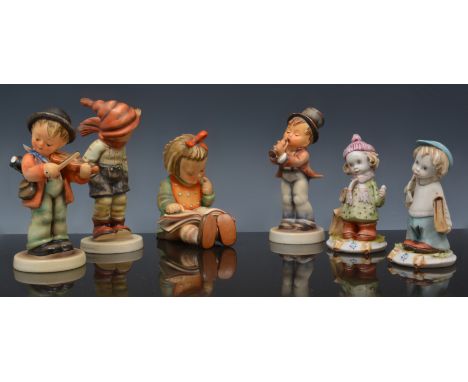 Hummel figure of a boy, Windy Day, 14cm, two other Hummel figures, another Goebel figure and a pair of Capodimonte figures (6