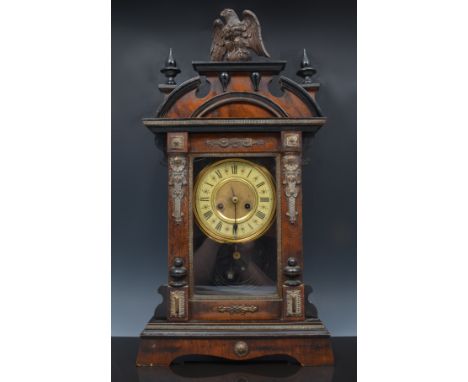 American walnut and ebonised shelf clock, brass dial, spring driven movement, eagle finial, 58cm and a small stained wood che