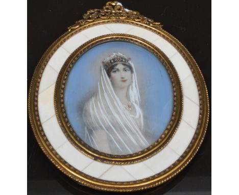 Continental oval portrait miniature, in gilt metal and segmented frame, 14cm overall.