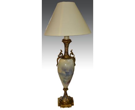 Continental porcelain gilt metal and Cloisonne enamel vase shape lamp base, painted vignettes in the sevres style, vase heigh