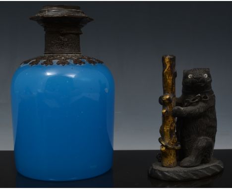 French blue glass and metal mounted scent bottle, 12cm, a brass faced fleam engraved W Somes, 1796, 9.5cm, a bear and rugged 