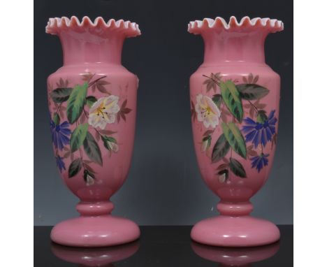 Pair of Victorian opaque glass lustre vases, prismatic drops, 26cm, a pair of pink glass vases with enamel decoration, Claric