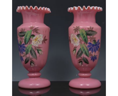 Pair of Victorian opaque glass lustre vases, prismatic drops, 26cm, a pair of pink glass vases with enamel decoration, Claric