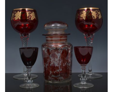 Cut glass and ruby painted pickle jar, 17cm and other items of coloured glassware.