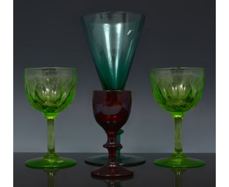 Green tinted wine glass, conical bowl, multi knobbed stem 20cm, three lime coloured wine glasses and a ruby glass liquor (5).