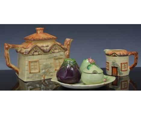 Keele Street pottery four piece Cottageware tea set, together with two very similar cups and saucers, Crown Devon leaf moulde