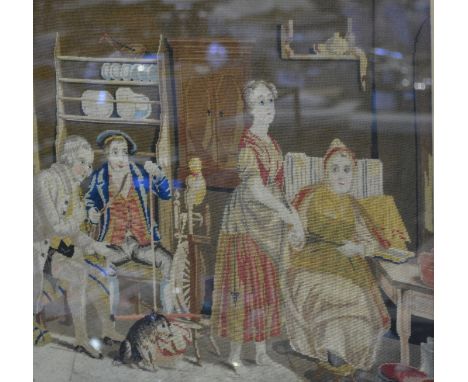Victorian tapestry picture, "Auld Robin Grey", a cottage interior, a verre eglomise mount in a maple frame, 62cm x 53cm.