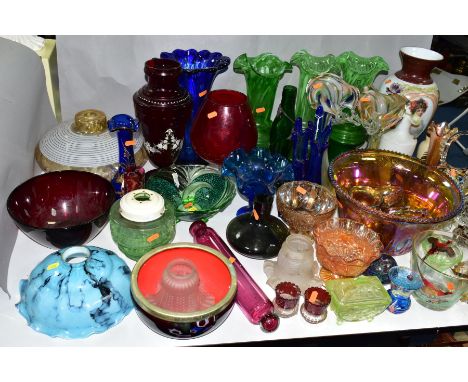 A QUANTITY OF COLOURED AND DECORATED GLASSWARES, to include a marigold carnival glass punch bowl diameter 31cm and eight cups