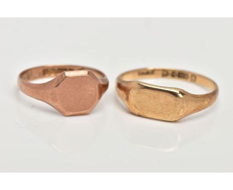 TWO 9CT GOLD SIGNET RINGS, a late Victorian rose gold octogen shaped signet ring, leading on to tapered shoulders, hallmarked