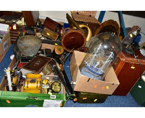 TWO BOXES AND LOOSE ASSORTED SUNDRY ITEMS ETC, to include a glass dome and stand with distressed plastic ship display, doll s