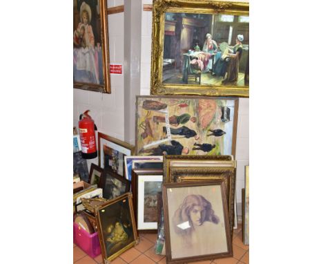 A QUANTITY OF PICTURES AND PRINTS ETC, to include a unsigned interior study of two female figures sorting through clothes, oi