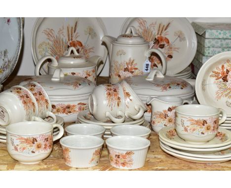 A  FORTY SIX PIECE POOLE POTTERY SUMMER GLORY DINNER SERVICE, comprising two tureens, a teapot, a coffee pot, a cream jug, a 