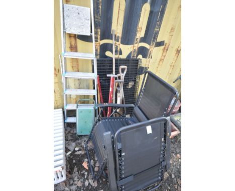 A PAIR OF MODERN BLACK FINISH FOLDING GARDEN CHAIRS, along a dog cage, 107cm wide x 72cm, height unknown, an aluminium step l