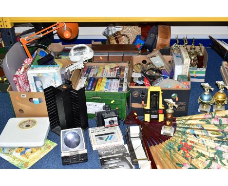 FIVE BOXES AND LOOSE LAMPS, VIDEOS, CASSETTE TAPES, TROPHIES AND SUNDRY ITEMS, to include a twentieth century Italian orange,