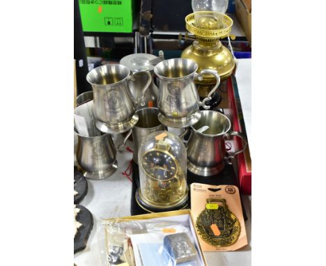 SCHATZ ANNIVERSARY CLOCK AND PEWTER TANKARDS ETC, tankards comprise limited edition  'Battle of Britain' 186/2000, Falkland I