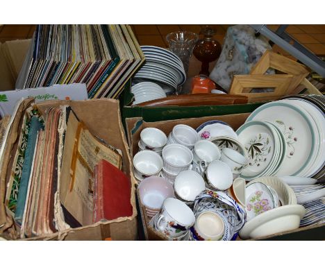 FOUR BOXES OF CERAMICS, GLASS AND LP RECORDS ETC, to include twelve Royal Doulton 'Sarabande' dinner plates (eleven seconds),