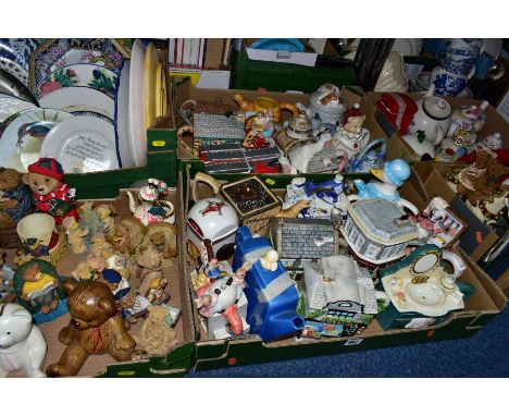 SIX BOXES OF NOVELTY TEAPOTS, DECORATIVE PLATES AND TEDDY BEAR ORNAMENTS, to include thirty mostly novelty teapots by Sadler,