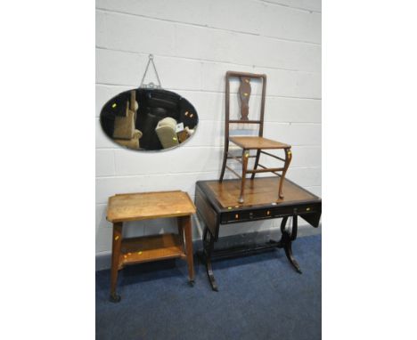 A MAHOGANY SOFA TABLE, edwardian wanlut splat back chair, mid century beech and oak tea trolley and an oval wall mirror (4)