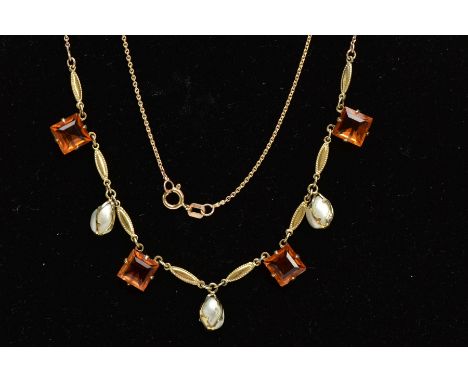 A 9CT GOLD TOPAZ AND PEARL NECKLACE, fine cable chain fitted with oval textured links interspaced with square cut orange topa