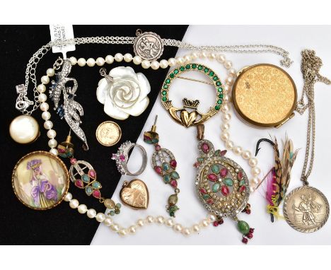 A BAG OF ASSORTED ITEMS, to include a large metal pendant set with rubies, quartz and colourless stones, fitted with a tapere