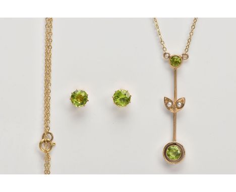 A PERIDOT AND SEED PEARL PENDANT NECKLACE AND A PAIR OF PERIDOT EARRINGS, the pendant set with two circular cut peridots to a