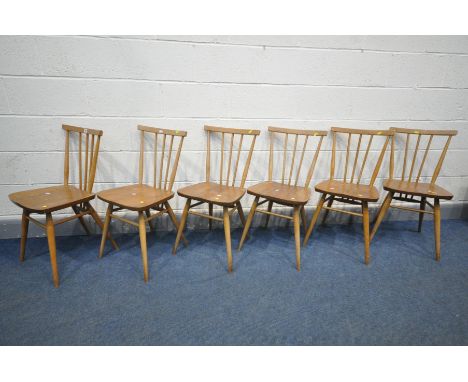 A SET OF SIX ERCOL MODEL 391 ALL PURPOSE CHAIRS (condition:-fluid stains and wear to all chairs)