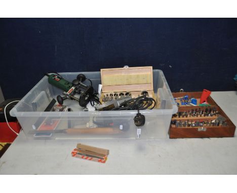 A TRAY CONTAINING TOOLS including an Elu MOF 93 E type 2 router (PAT fail due to uninsulated plug but working), a Bosch POF 5