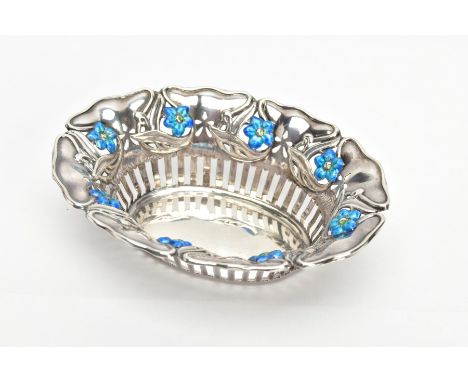 A SILVER ART NOUVEAU BONBON DISH,  the pierced oval body adorned with blue enamel flowers, hallmarked for William Hair Hasele