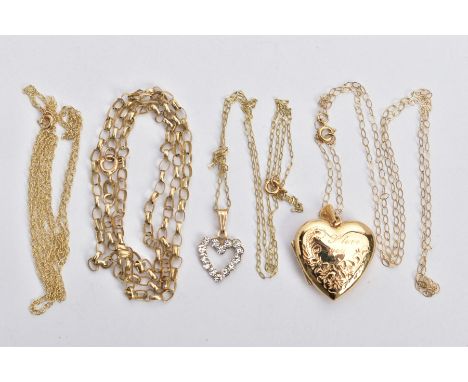 FOUR NECKLACES, the first with a heart shaped locket, engraved floral design with the words 'I love You', opens to reveal two