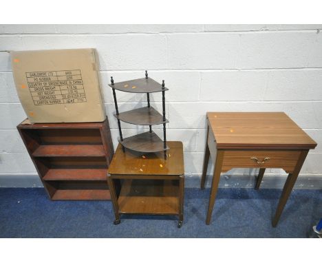 A NEW HOME MODEL 691 TREDLE SEWING MACHINE, an oak trolley, stained open bookcase, corner what not and a Gablemere clock tabl